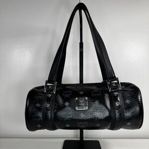 🖤 MCM München Black Visetos Barrel Bag Shoulder Purse Silver Hardware